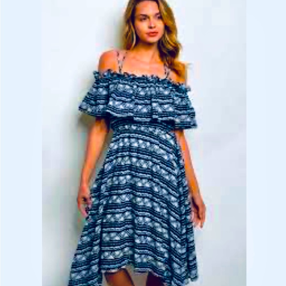 Loveriche Navy & White Boho Block Print Dress  Sz S‎